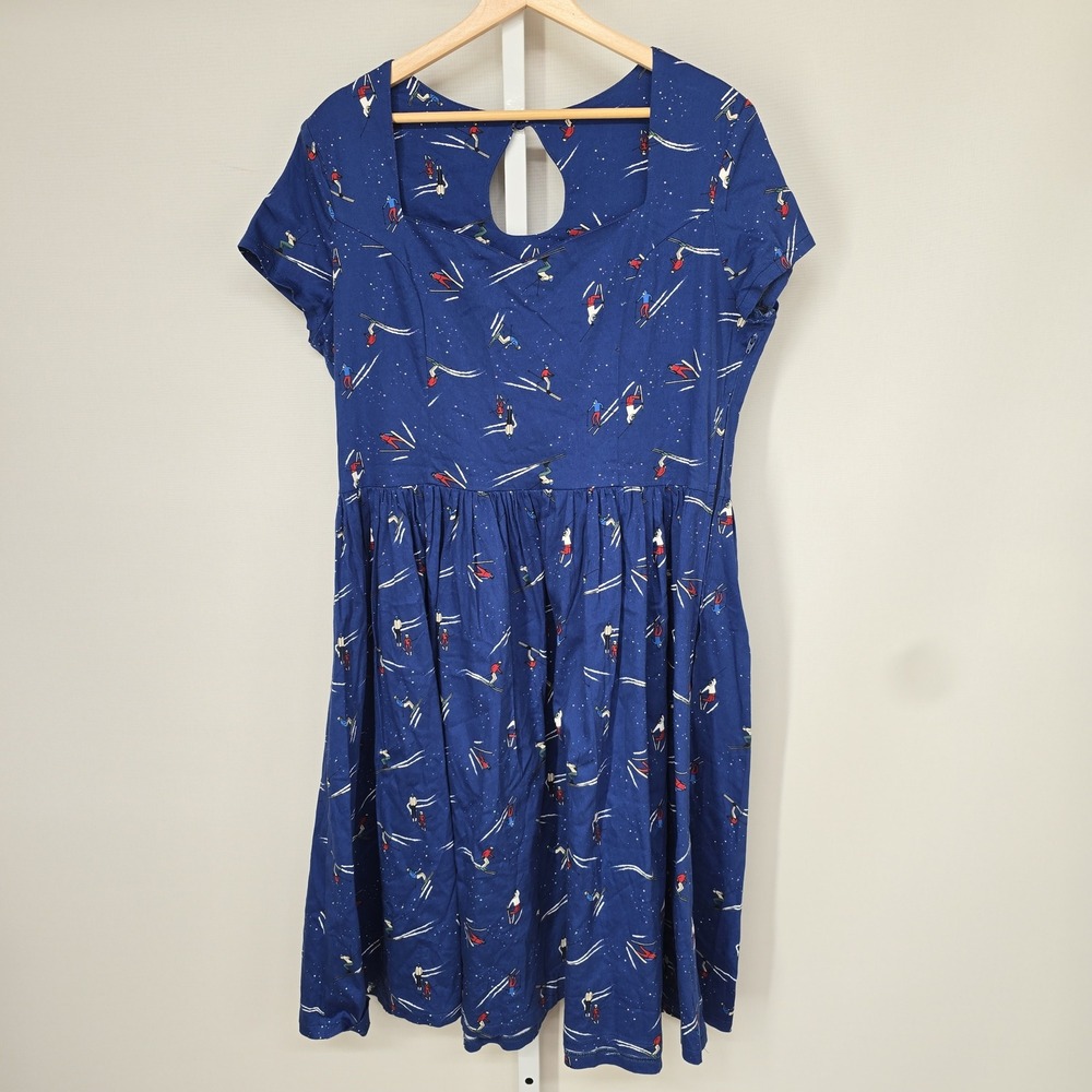 Royal Monk Womens Blue Skier Print Fit Flare‎ Dress XL 16 Retro Winter Novelty